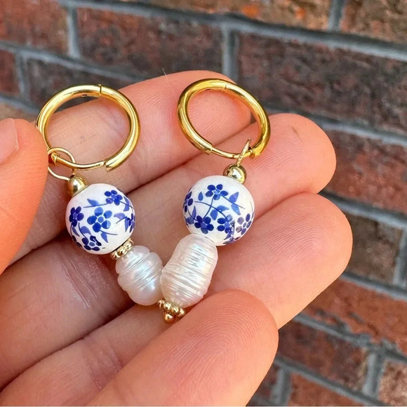 Anthropologie Porcelain Portofino Stainless Steel Pearl Earrings - Picture 7 of 10